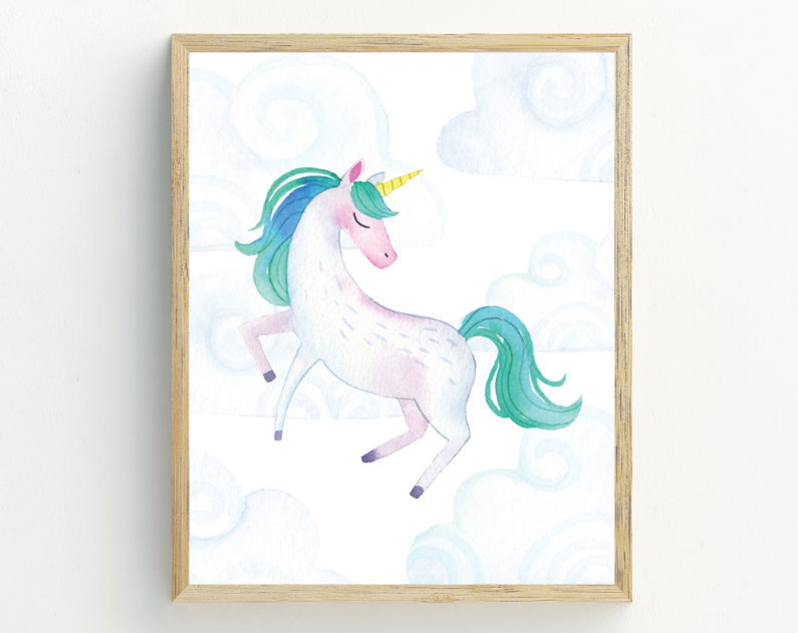 Teal Mane Unicorn Watercolor Clouds Prancing Magic Nursery Wall Art