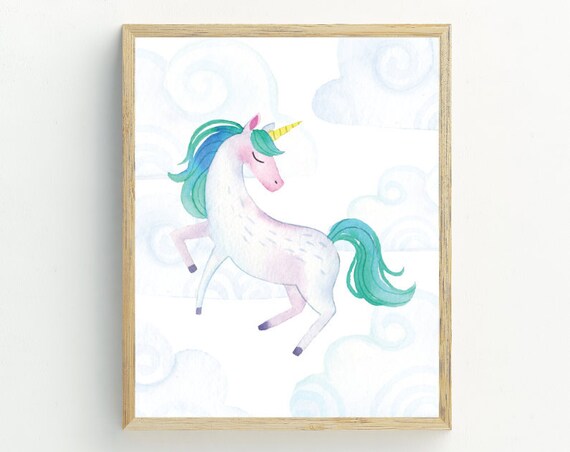 Teal Mane Unicorn Watercolor Clouds Prancing Magic Nursery Wall Art