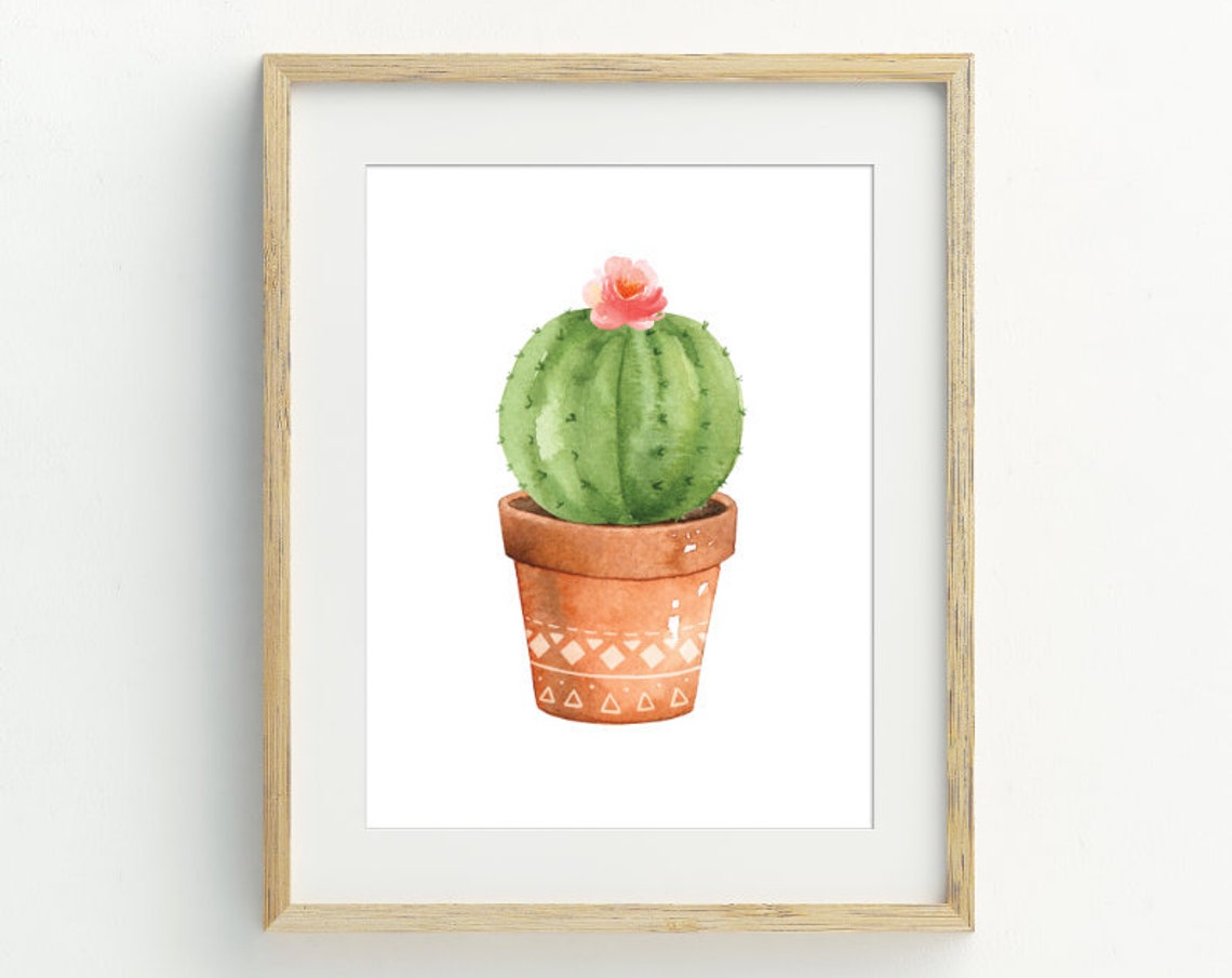Watercolor Barrel Cactus Pink Bloom Terracotta Pot Botanical Wall Art