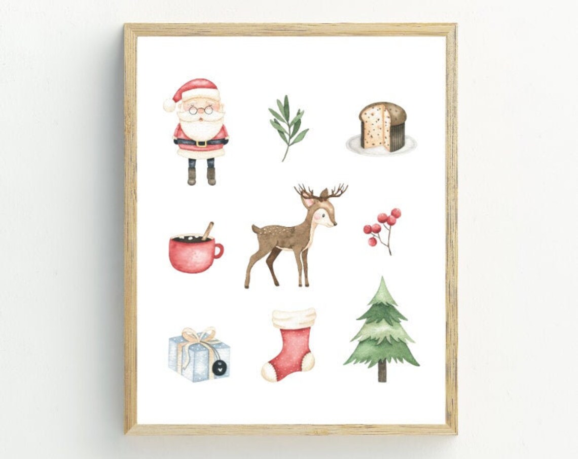 Christmas Santa Deer Tree Holiday Art Print