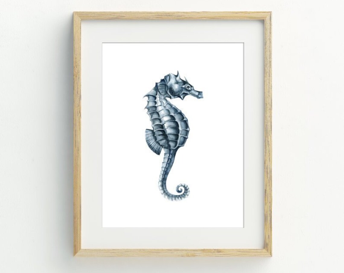Blue Grey Seahorse Watercolor Painting Nautical Coastal Ocean Poster