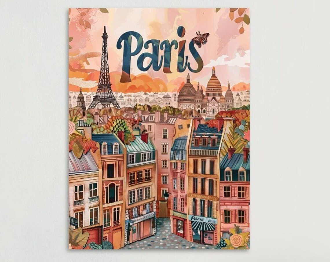 Paris Eiffel Tower Sacre Coeur Autumn Watercolor France Travel Poster