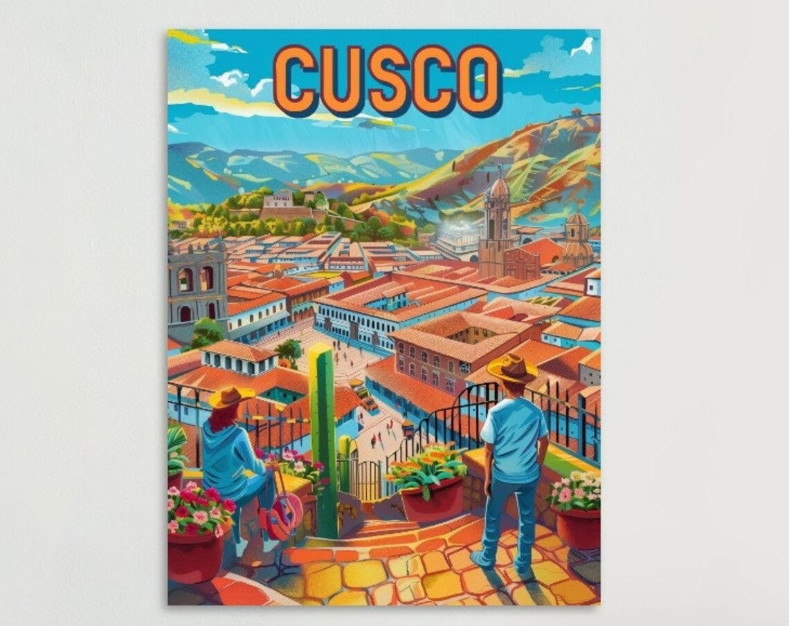 Cusco Old Town Overlook Red Roofs Peru Vintage Travel Poster