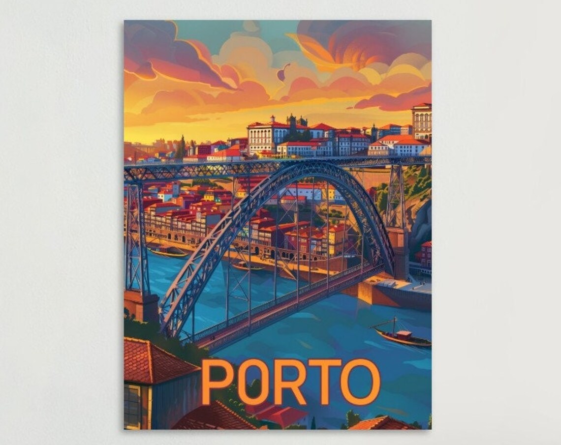 Porto Dom Luis Iron Bridge Sunset Douro River Vintage Poster Art