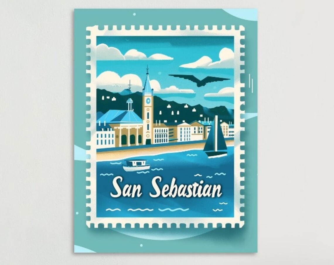 San Sebastian Harbor Church Sailboats Blue Stamp Spain Travel Poster