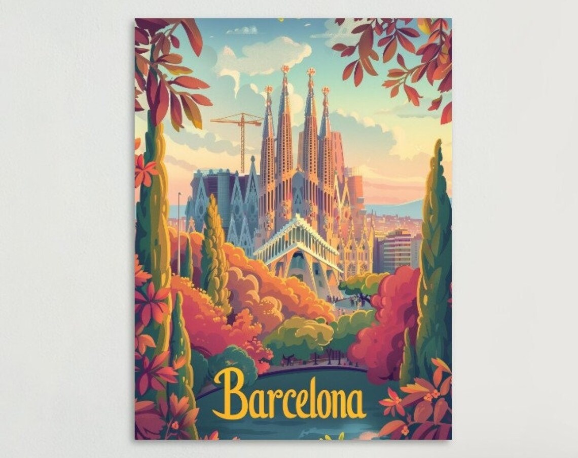 Barcelona Sagrada Familia Autumn Trees Vintage Spain Park Poster