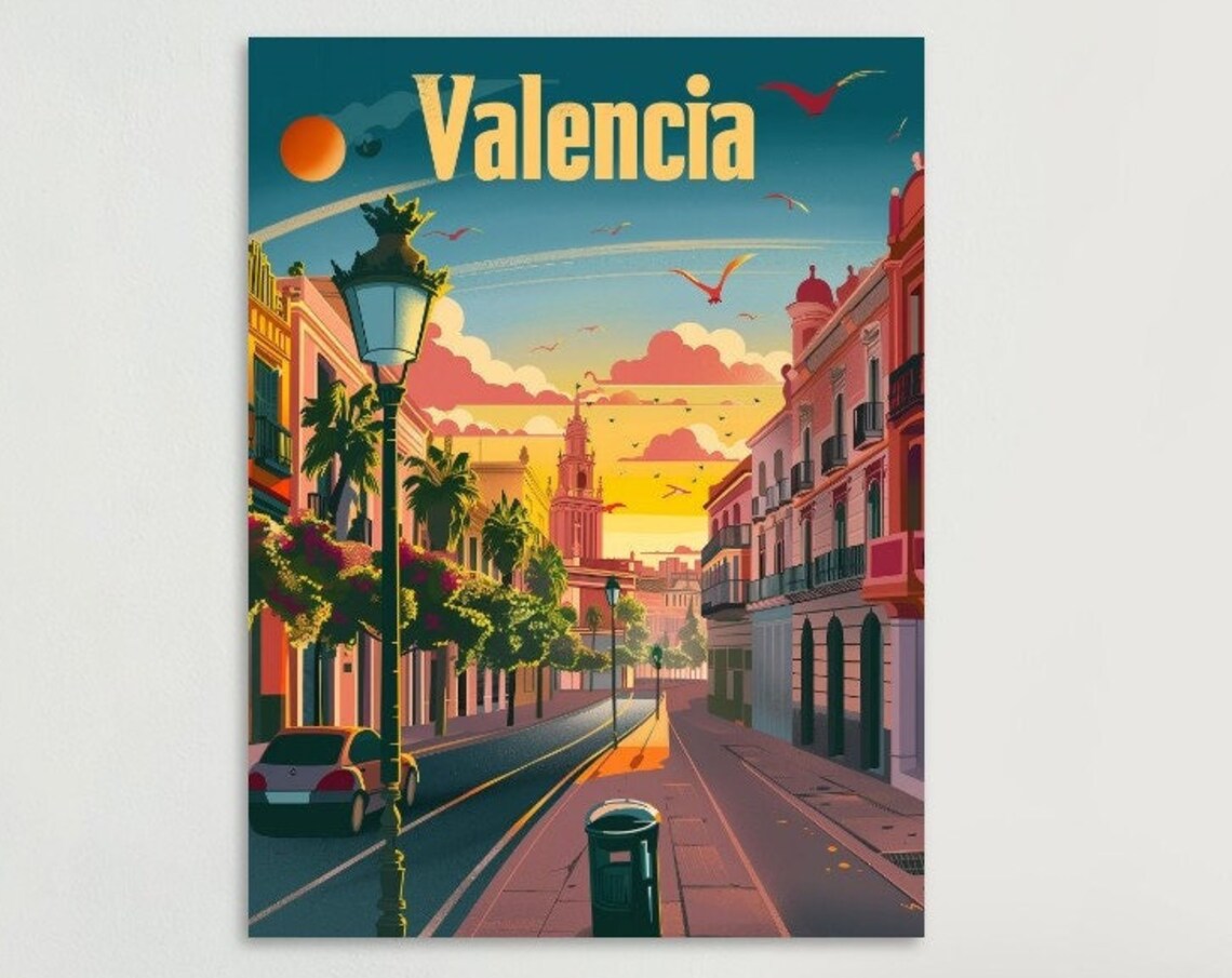 Valencia Spain Old Town Street Church Sunset Vintage Travel Poster
