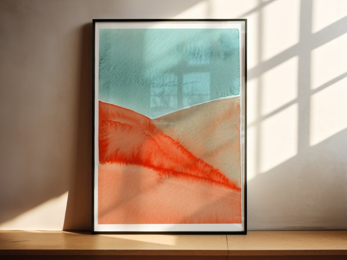 Beach Day Watercolor Abstract Orange Dunes Teal Sky Coastal Art Poster