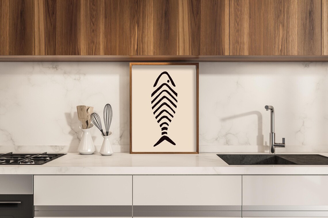 Single Fish Black On Tan Sketched Fish Art With Tan Background - Image 2