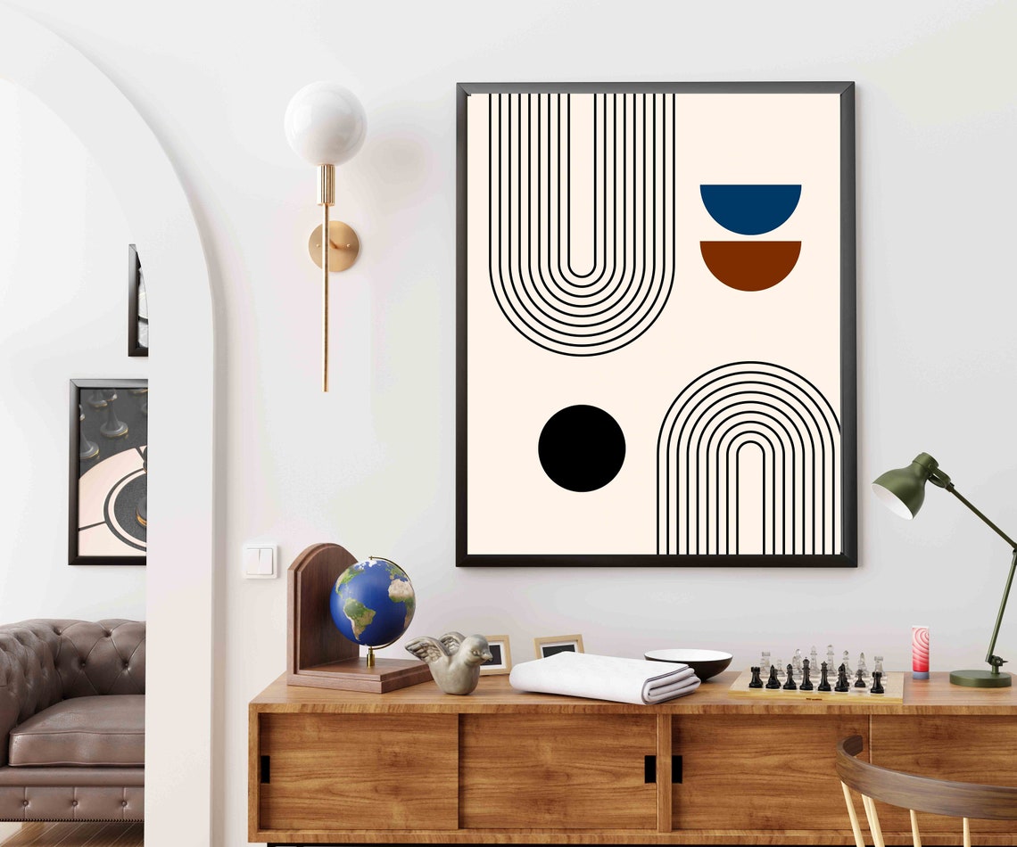 Arch Deco Line Art Abstract Cream Mid Century Geometric Design Poster
