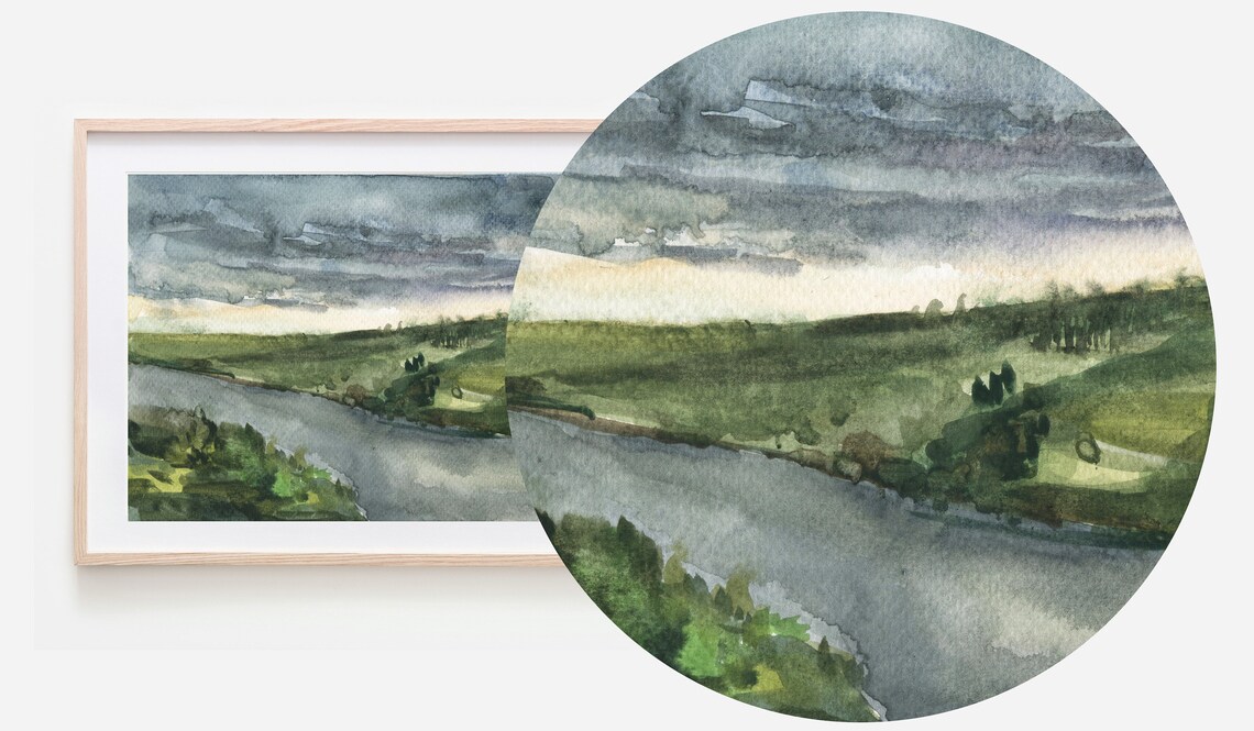 Watercolor River Valley Cloudy Sky Green Hills Landscape Nature Print - Image 3
