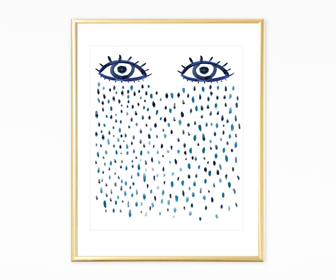Indigo Blue Watercolor Eyes Crying Rain Drops Modern Art Poster
