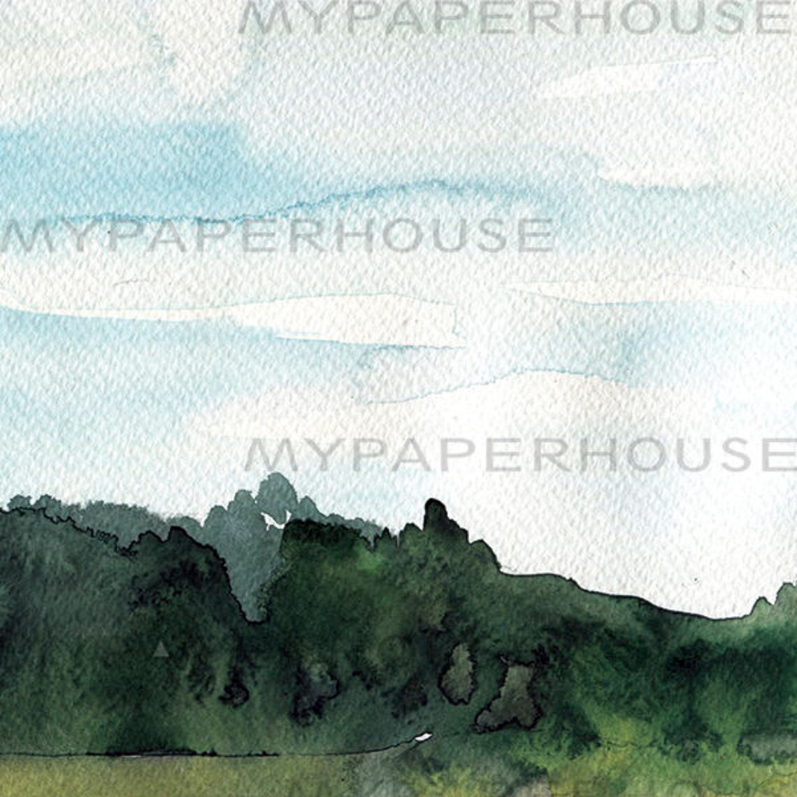 Green Forest Horizon Soft Blue Sky Watercolor Nature Art Poster - Image 2