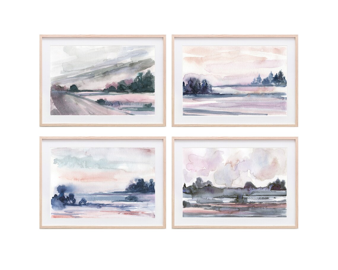 Watercolor Lakeside Landscape Art Blush Pink Misty Blue Trees Wall Art - Image 2