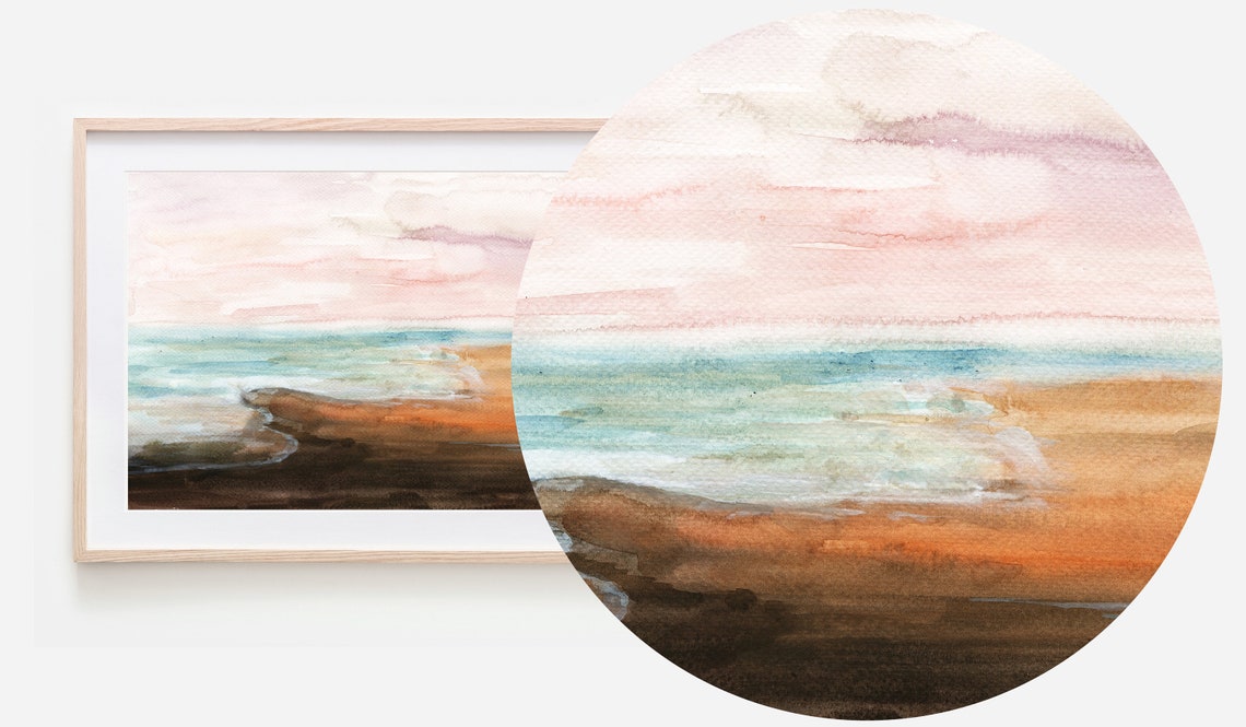 Abstract Beach Seascape Watercolor Brown And Blue Calm Shore Wall Art - Image 2