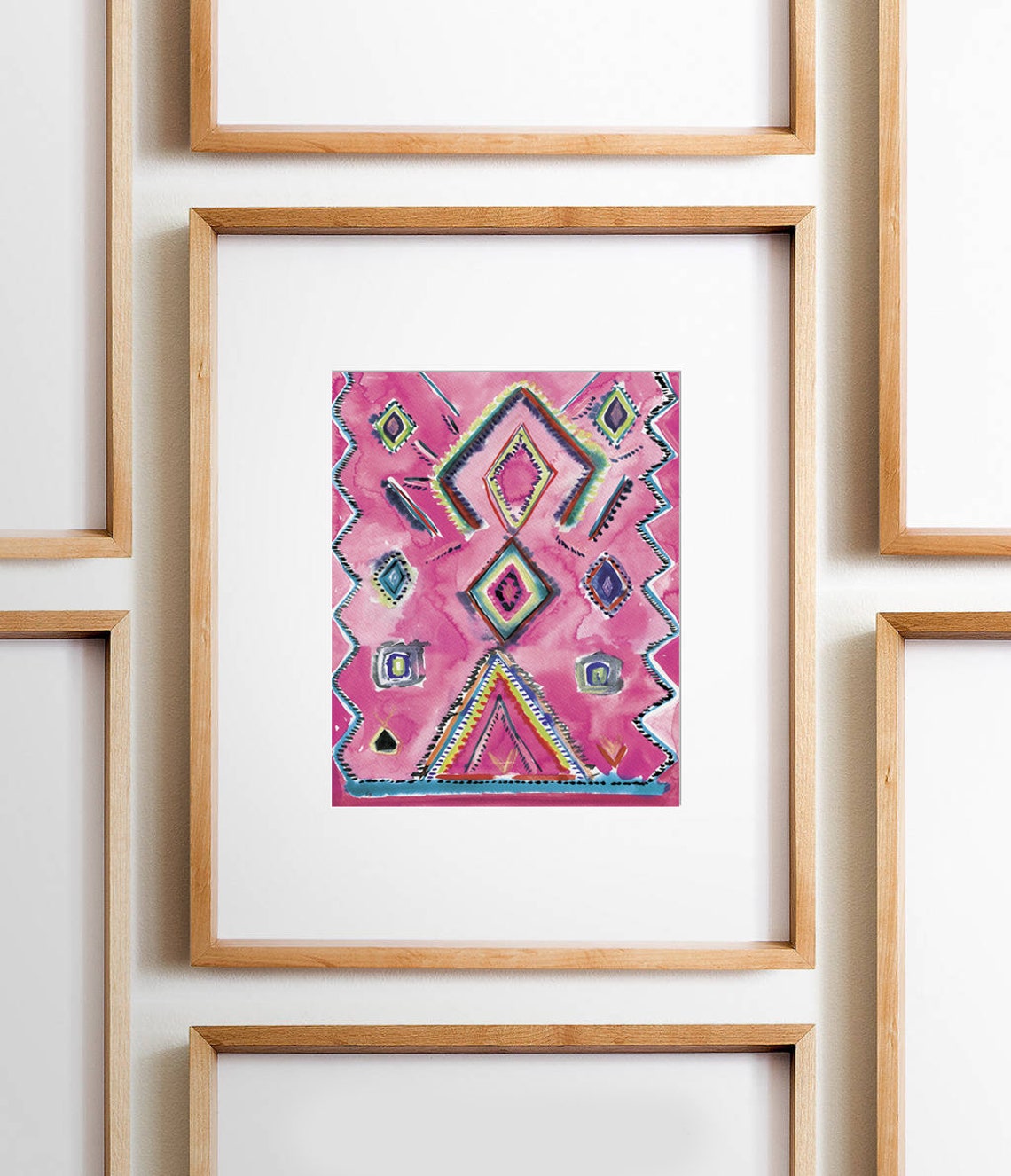 Pink Moroccan Diamond Rug Pattern Tribal Geometric Boho Wall Art - Image 2