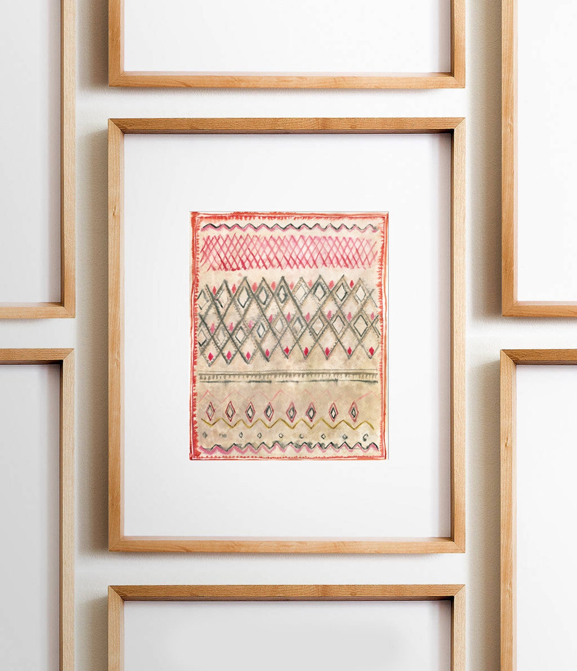 Moroccan Tribal Pattern Watercolor Red Diamonds Boho Wall Art - Image 2
