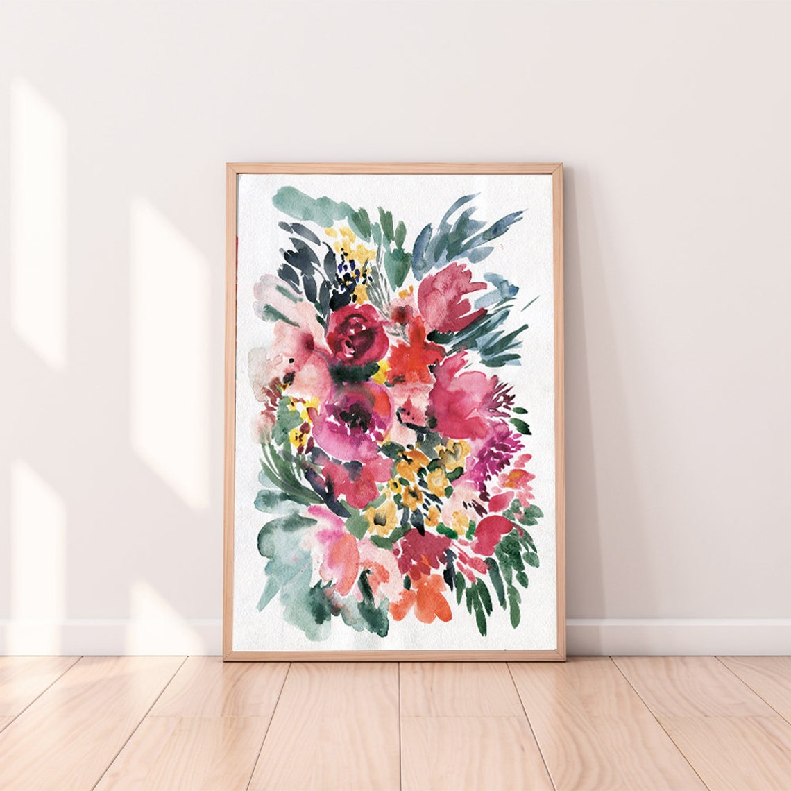 Watercolor Floral Bouquet Pink Red Blossoms Botanical Poster - Image 2