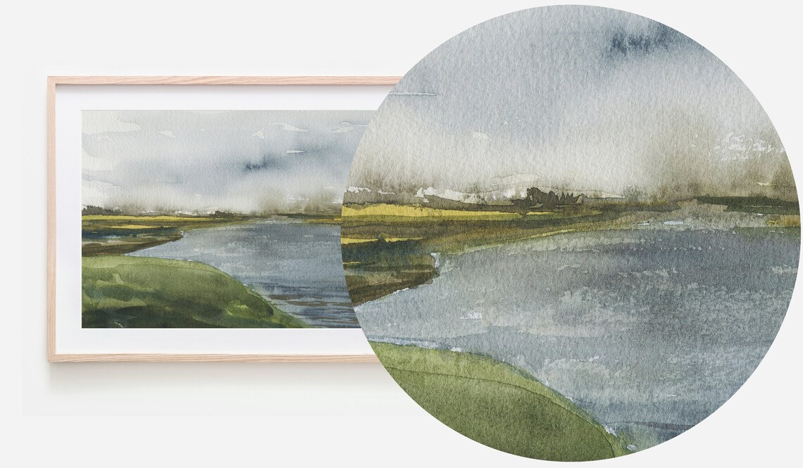 Misty Green Lake Watercolor Landscape Serene Nature Calm River Print - Image 2