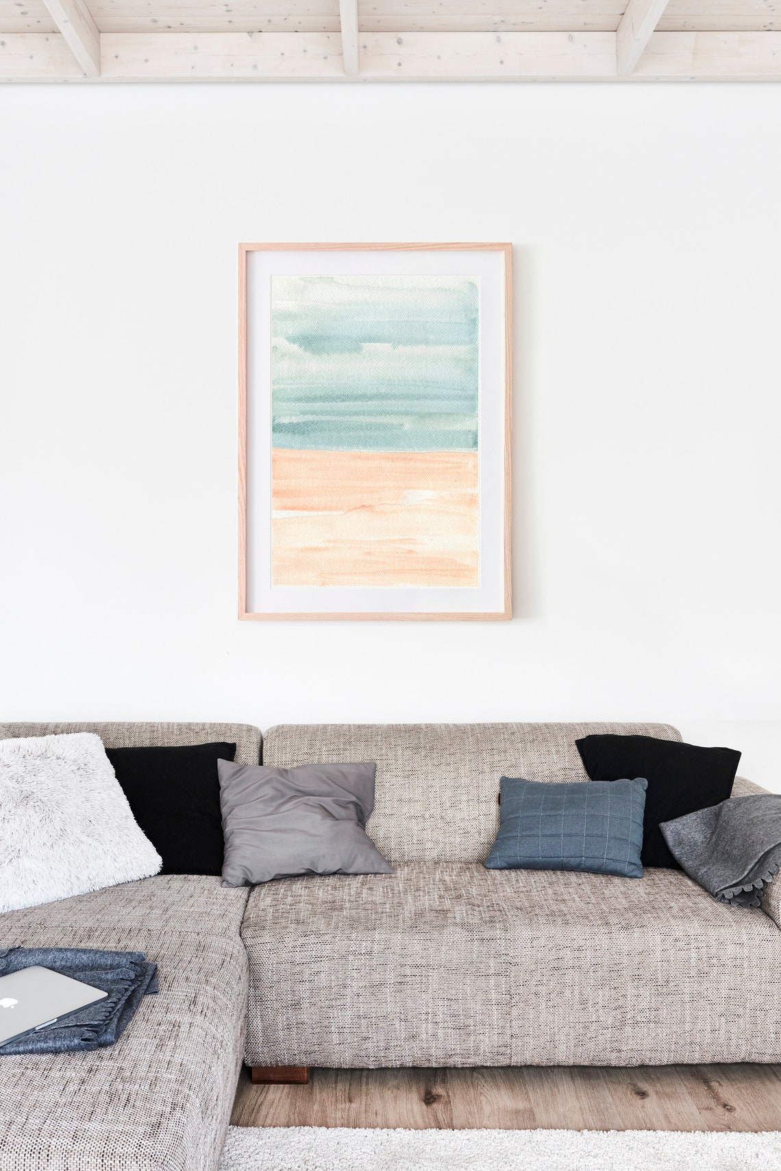 Pastel Blue Peach Watercolor Poster Soft Gradient Bands Calm Beach Art - Image 3
