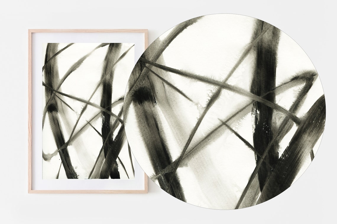 Black and White Bamboo Brushstroke Abstract Ink Style Art Print - Image 3