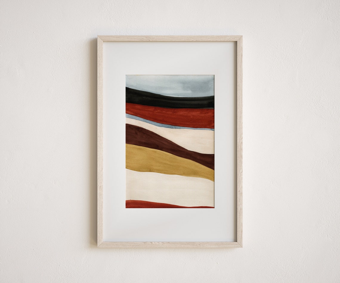 Mid Century Wavy Stripe Watercolor Rust Ochre Brown Modern Art Print - Image 3