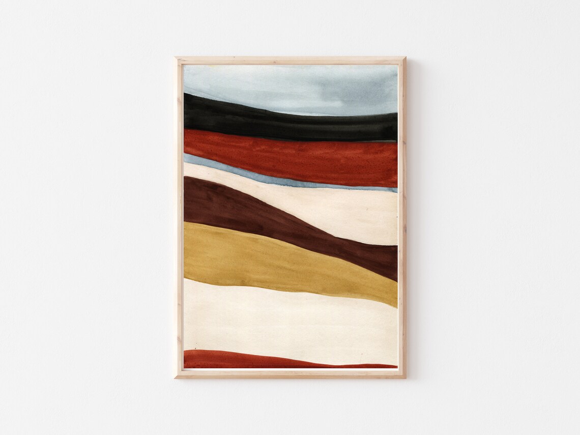 Mid Century Wavy Stripe Watercolor Rust Ochre Brown Modern Art Print