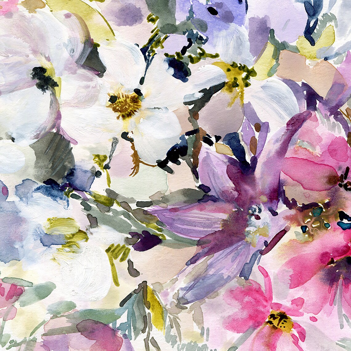 Pastel Pink White Purple Floral Bouquet Square Watercolor Wall Art - Image 3