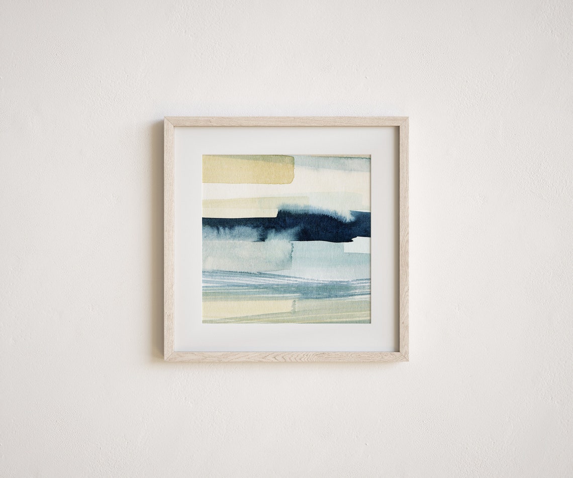 Blue Grey Beige Horizontal Band Abstract Watercolor Square Wall Art - Image 2