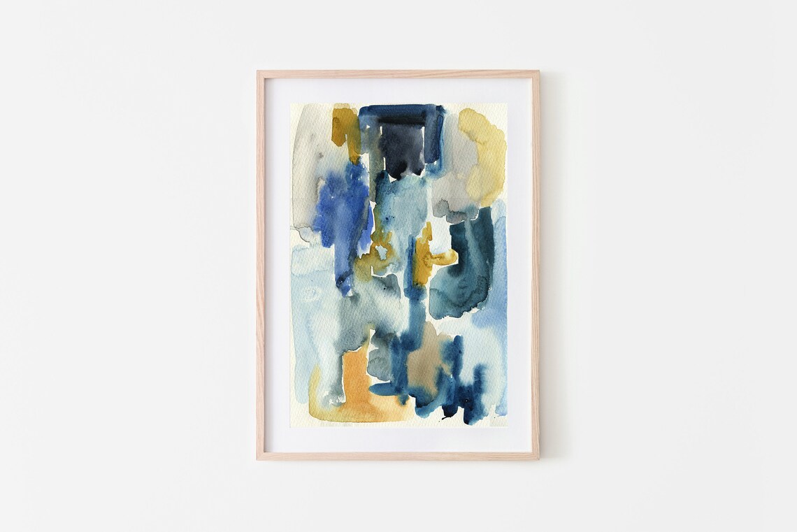 Blue And Yellow Abstract Watercolor Bold Brush Strokes Modern Wall Art