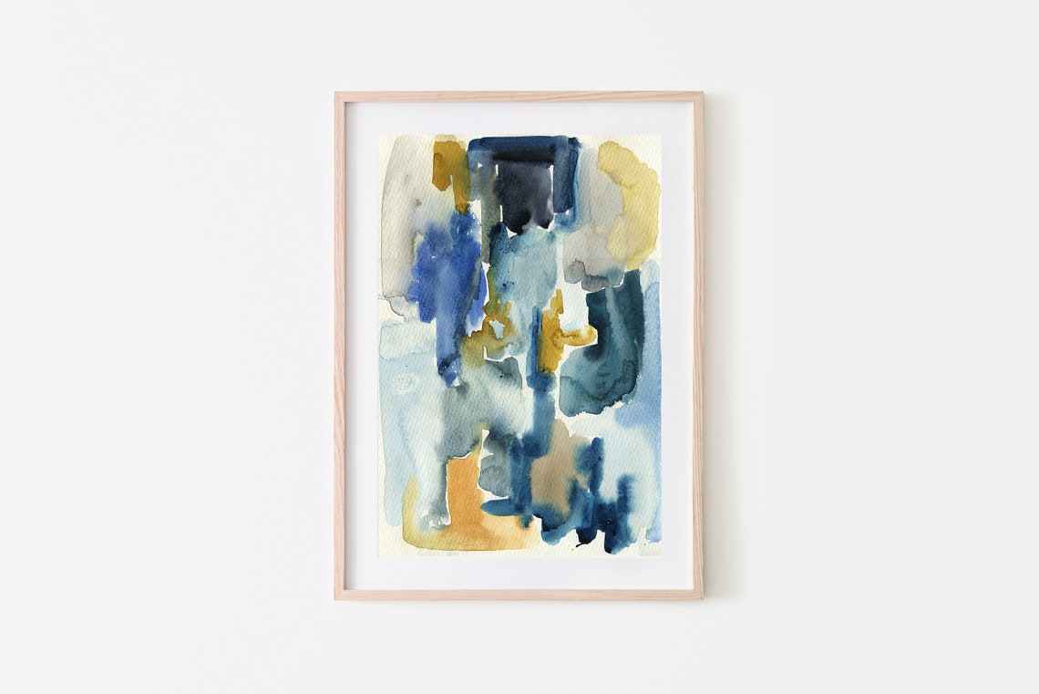 Blue Mustard Yellow Abstract Watercolor Bold Modern Art Poster