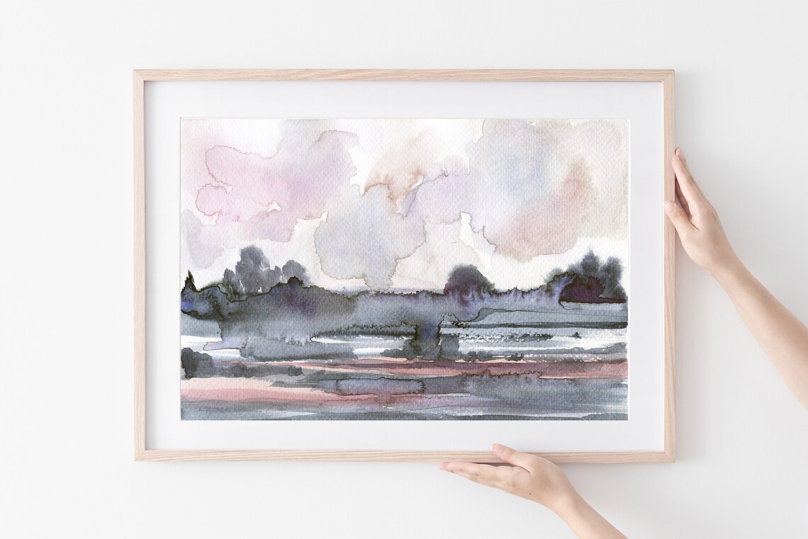 Pink Gray Blue Watercolor Poster Abstract Misty Landscape Soft Horizon