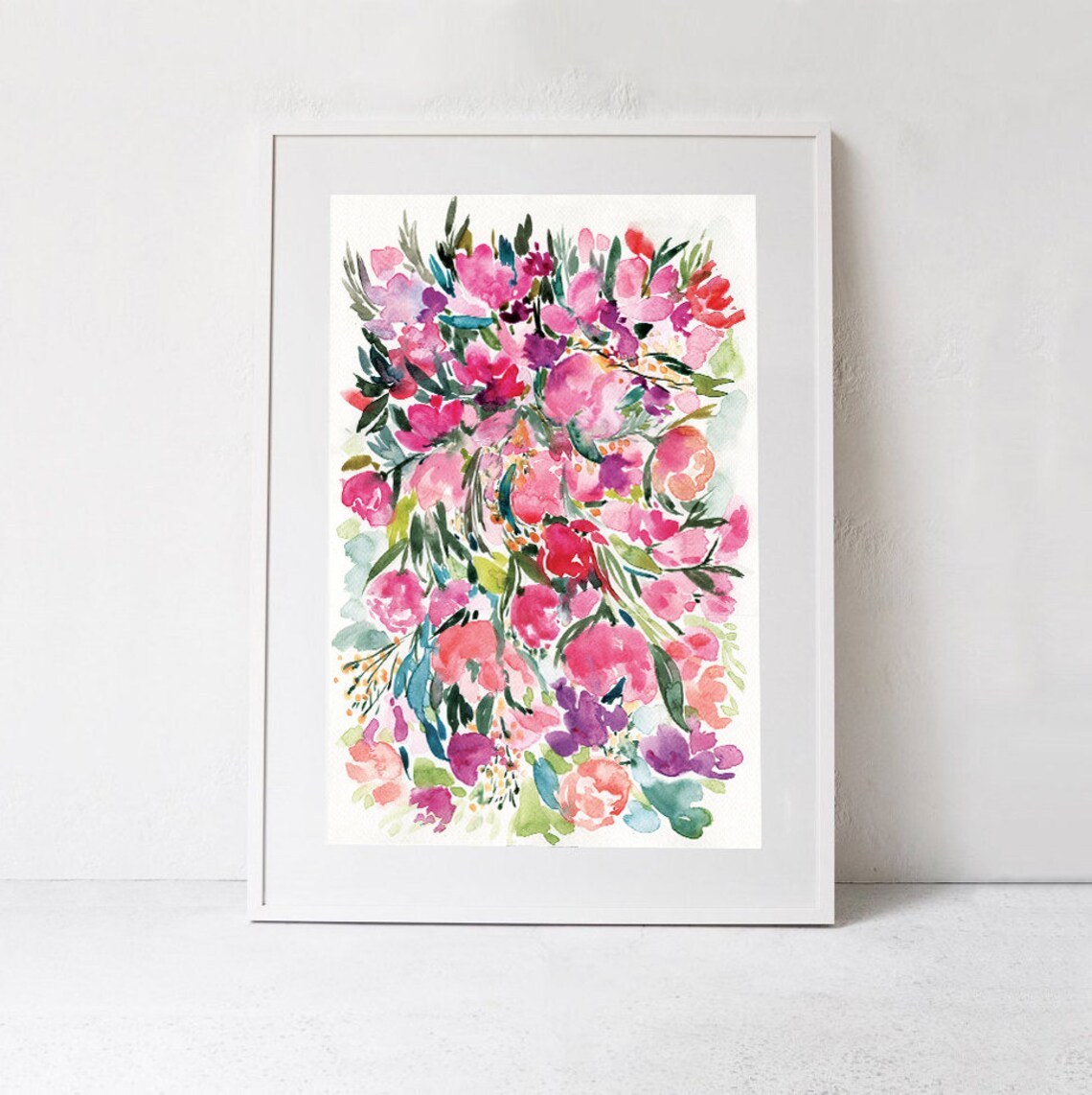 Pink Magenta Watercolor Wildflower Bouquet Bright Blooms Print