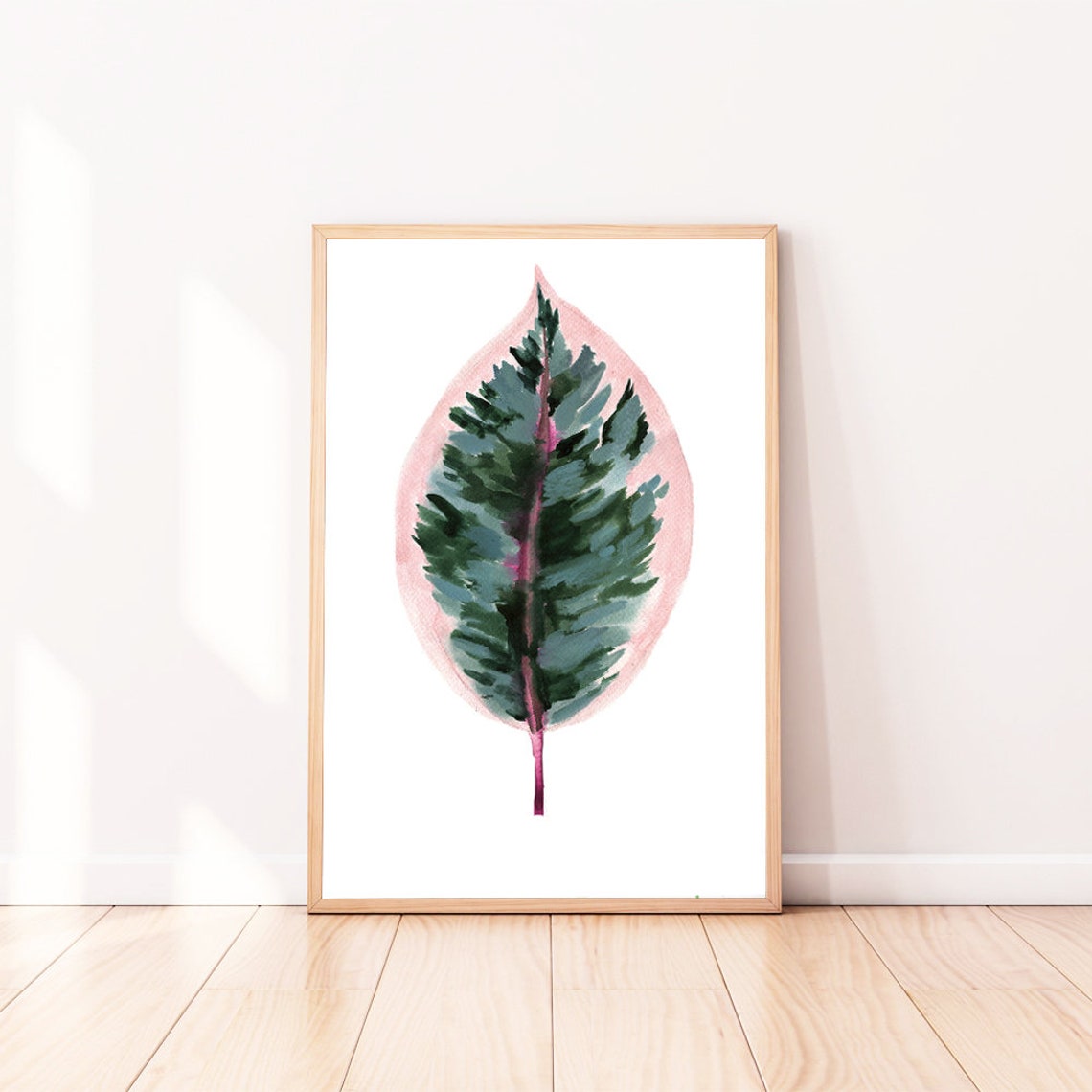 Green Watercolor Leaf with Blush Pink Halo Botanical Art Poster - Image 2