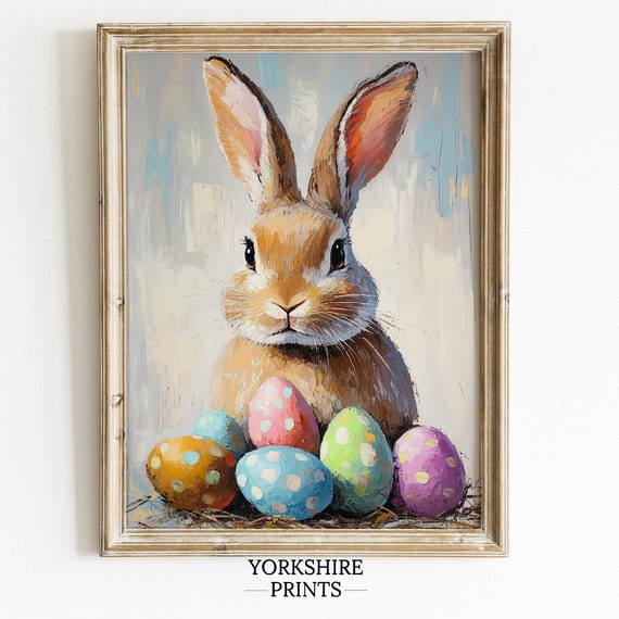 Cute Easter Bunny Egg Hunt Print Vintage Spring Decor Farmhouse Easter Art Print Nursery Wall Art Wall Art