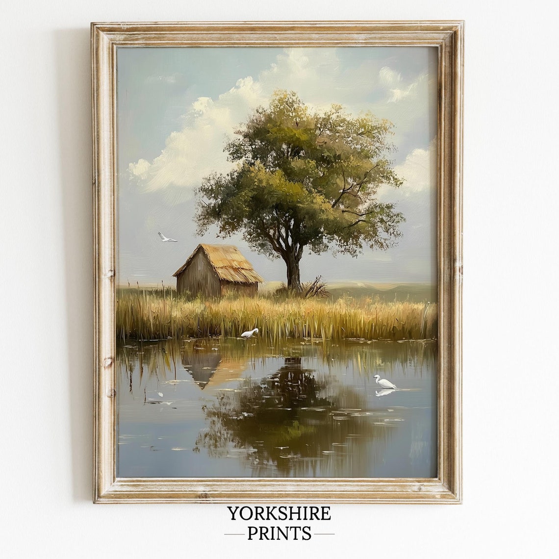 Thatched Lakeside Hut Egrets Calm Water Summer Landscape Wall Poster