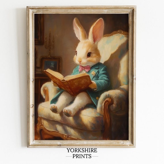 Cute Easter Bunny Reading Book Art Easter Print Easter Wall Art Spring Print Easter Decor Spring Decor Cottagecore Print Academia Decor