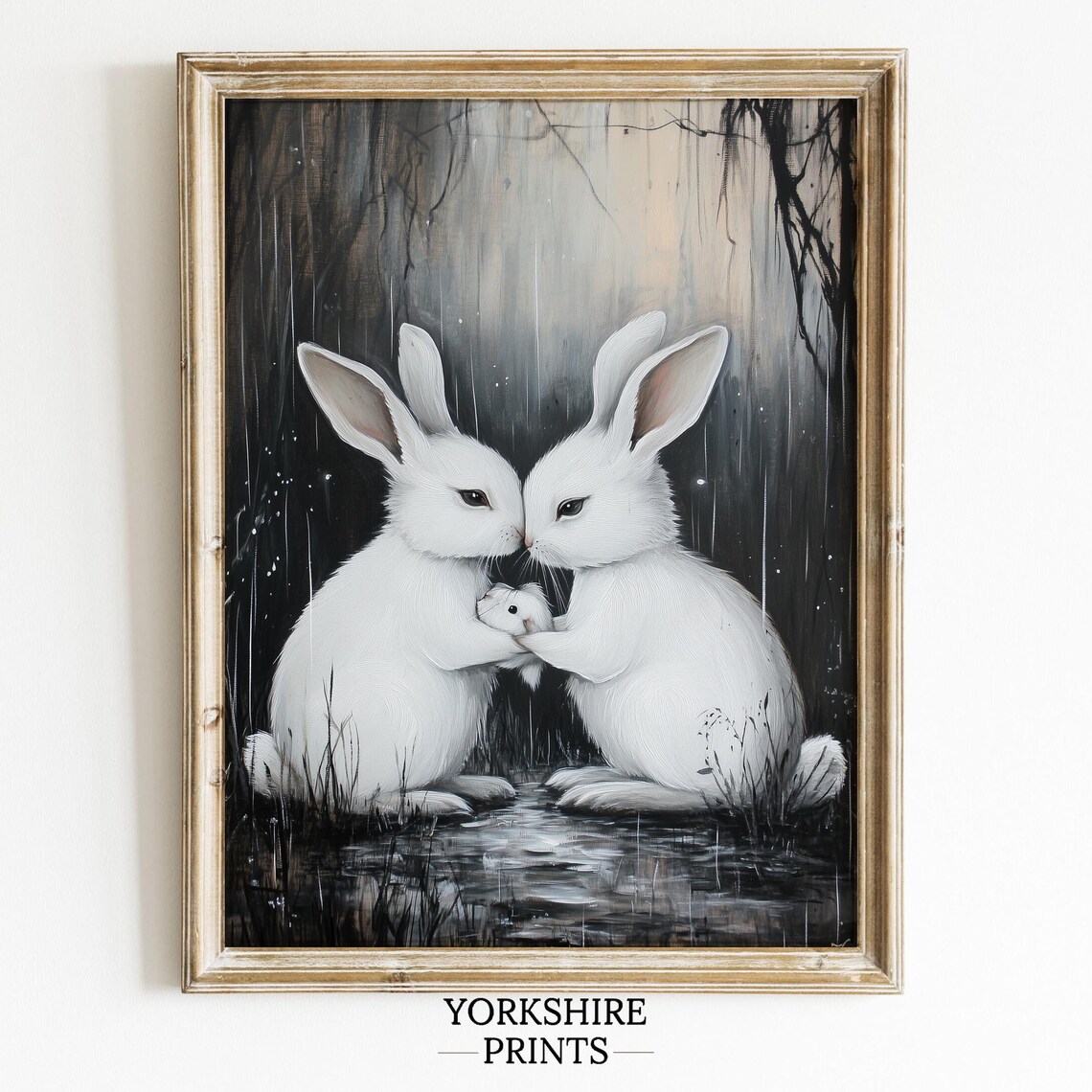 Two White Rabbits Baby Bunny Dark Forest Rain Animal Art Poster - Image 2