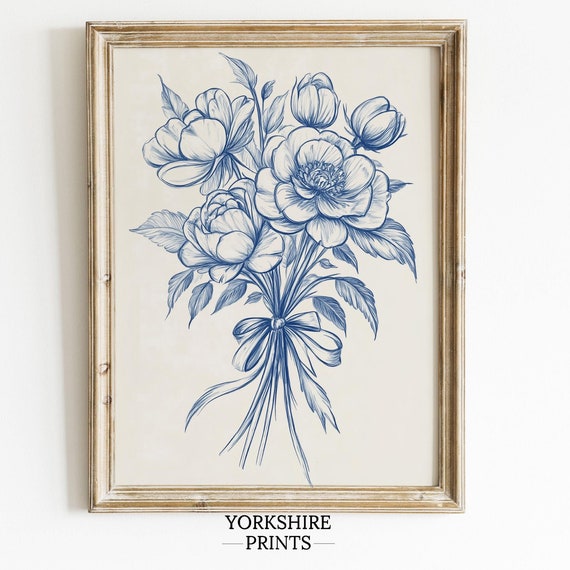 Victorian Blue Rose Bouquet Sketch Art Print, Yorkshire