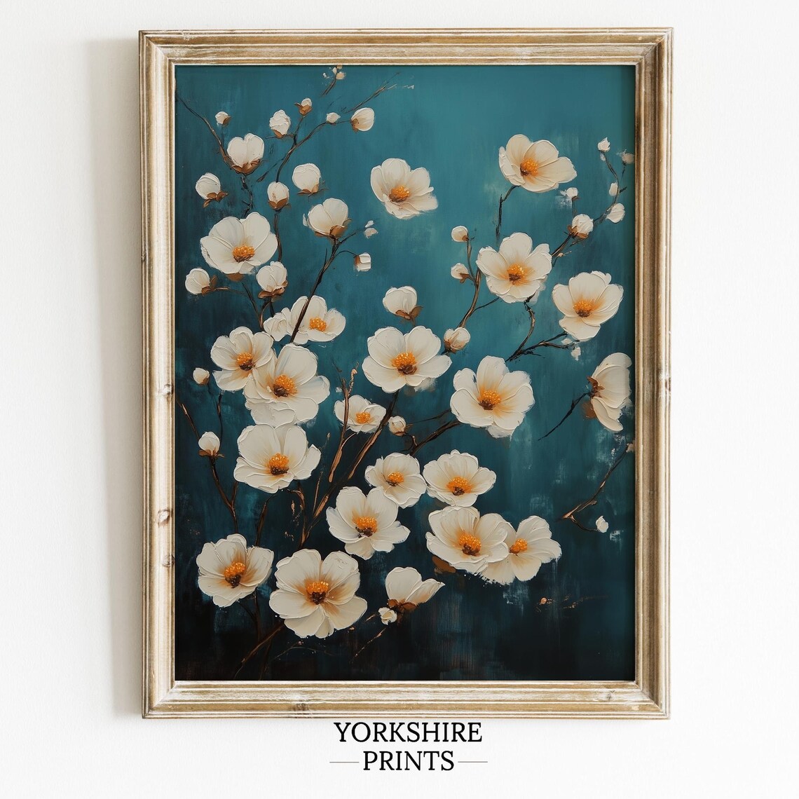 White Blossom Branches On Deep Teal Modern Floral Art Poster