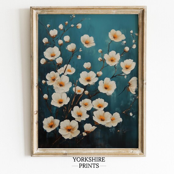 Moody White Flower Oil Painting Wall Art Vintage Floral Antique Art Print Farmhouse Wall Art Moody Botanical Painting
