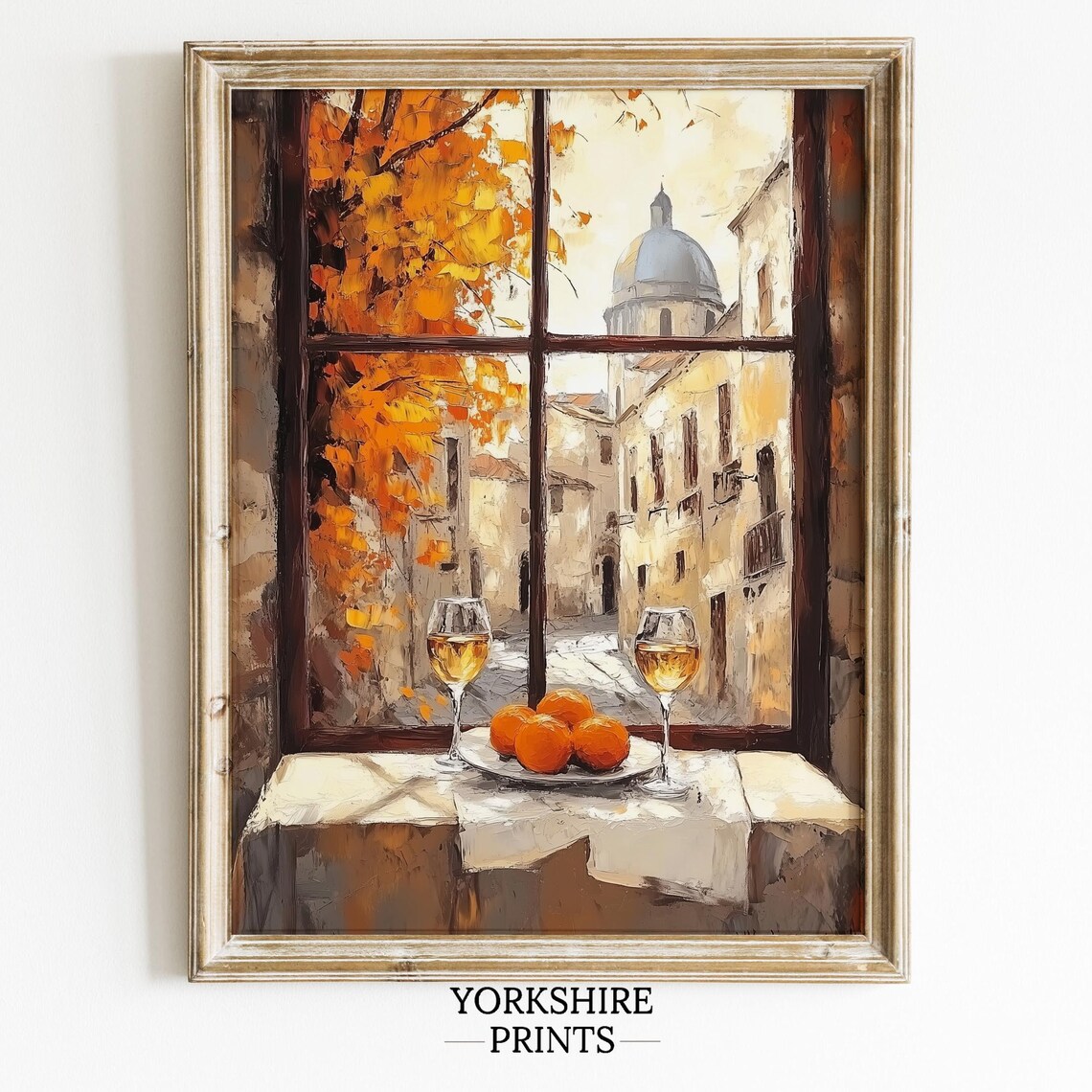Italian Window Still Life Wine Oranges Autumn Old Town View Poster