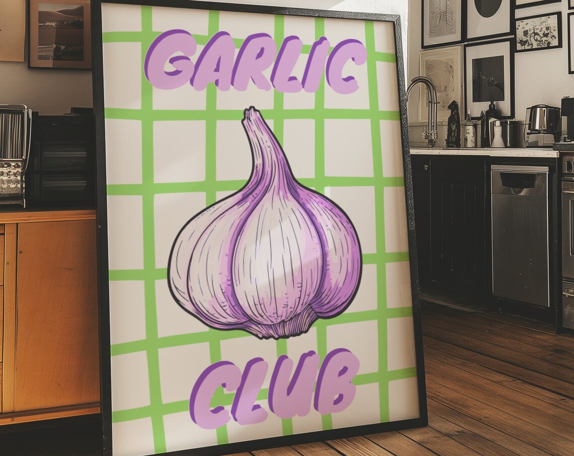 Garlic Club Black Frame Purple Kitchen Food Typography Poster