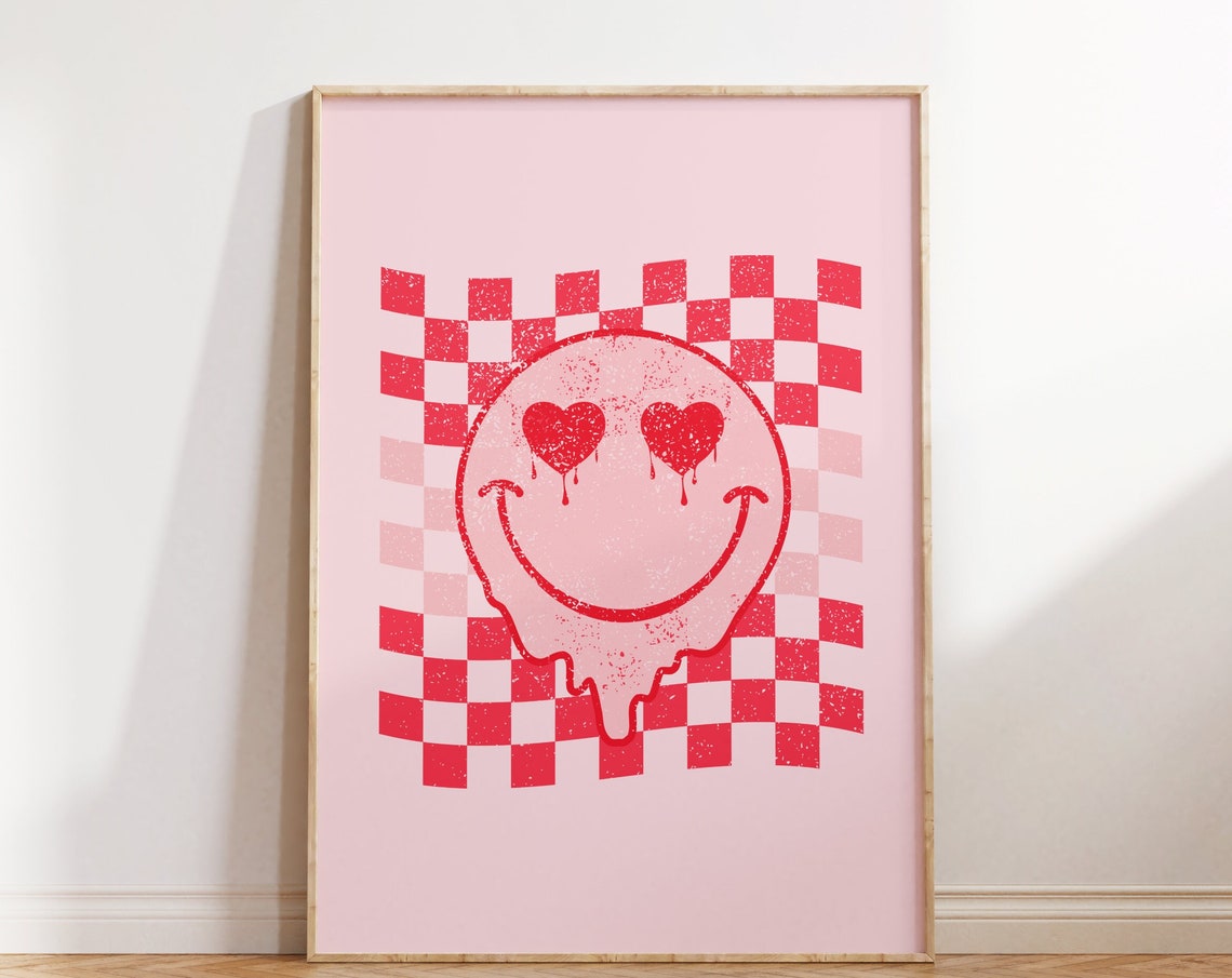 Red Melting Smiley Face Checkered Retro Distressed Skater Art Poster