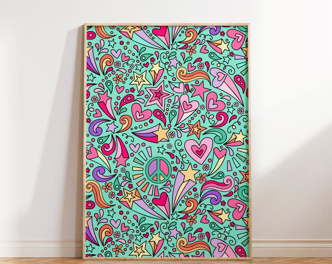 Psychedelic Mint Green Doodle Hearts Stars Peace Sign Poster