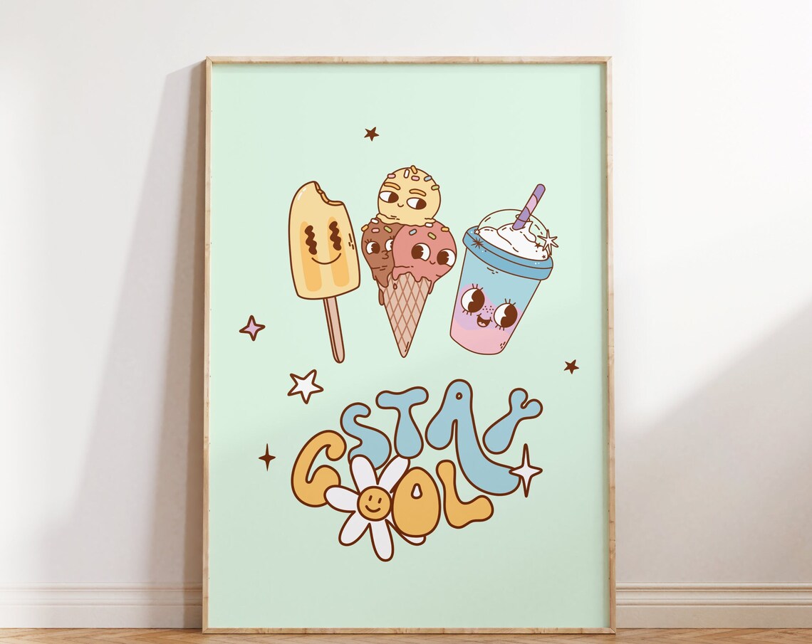 Stay Cool Cute Ice Cream Characters Kawaii Retro Summer Poster