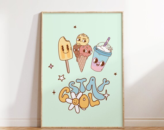 Stay Cool Cute Ice Cream Characters Kawaii Retro Summer Poster