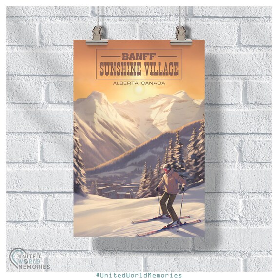 Banff Sunshine Village Alberta Canada Vintage Skier Sunset Ski Poster