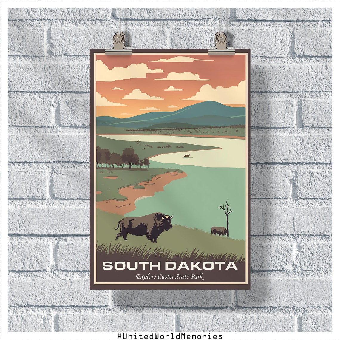 South Dakota Custer State Park Bison Sunset Retro Travel Poster