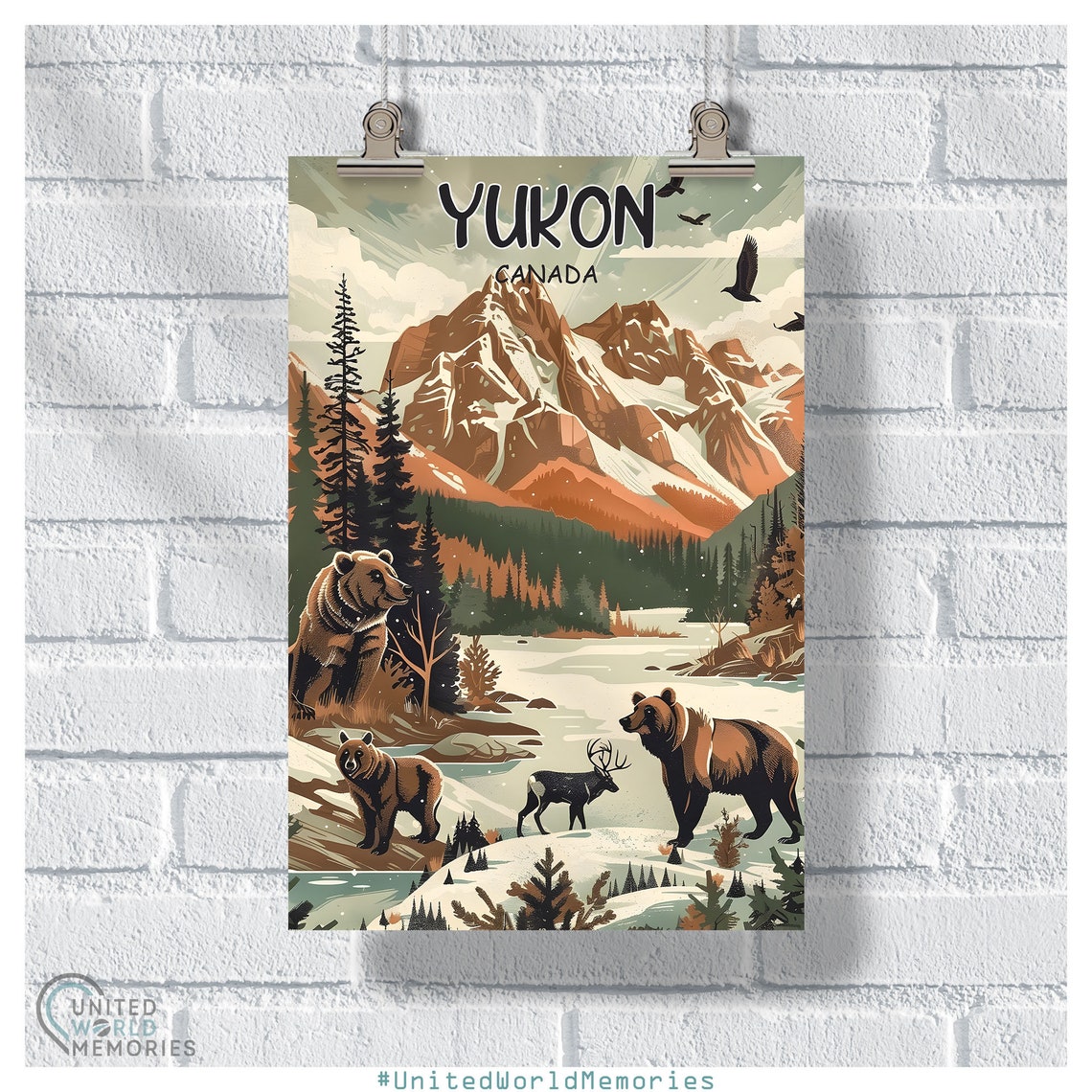 Yukon Canada Grizzly Bears Elk Snowy Valley Mountain Wildlife Poster